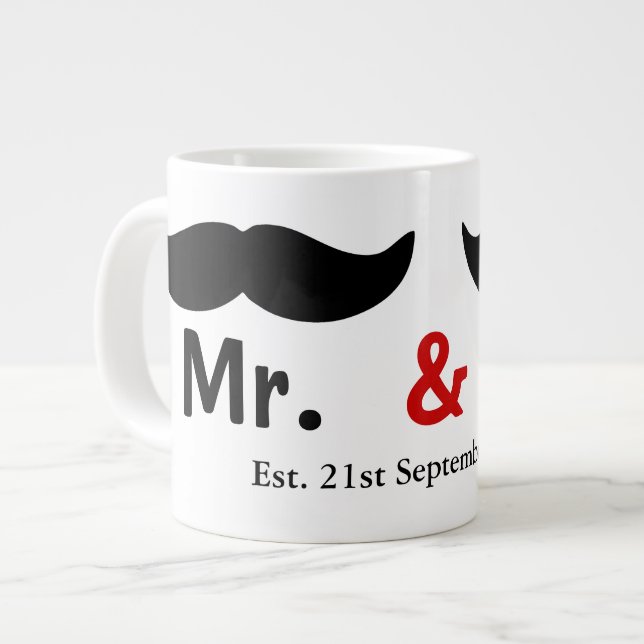 Mr And Mr Moustache Gay Wedding Customisable Large Coffee Mug (Front Left)