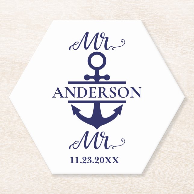 Mr and Mr Nautical Anchor Gay Wedding Favour Paper Coaster (Front)