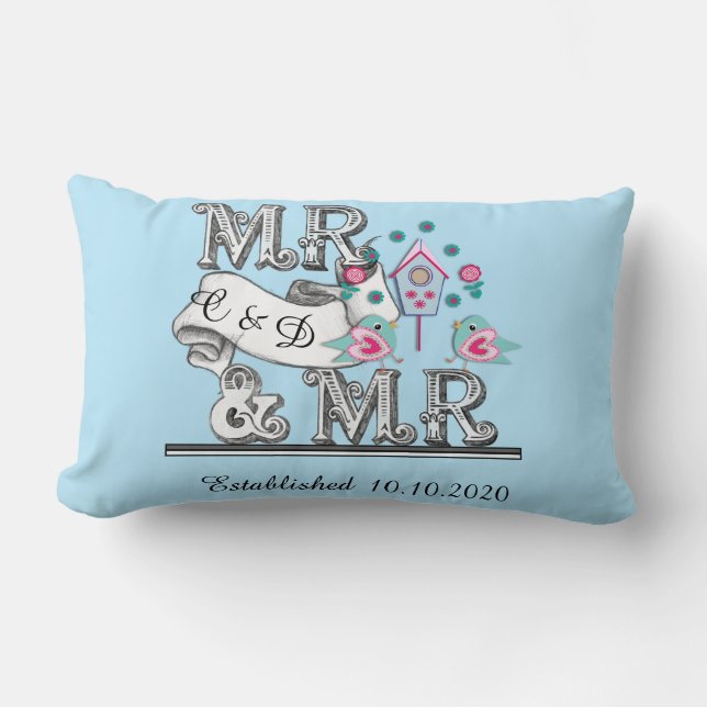 Mr and Mr Personalised Gay Wedding Gift Lumbar Cushion (Front)