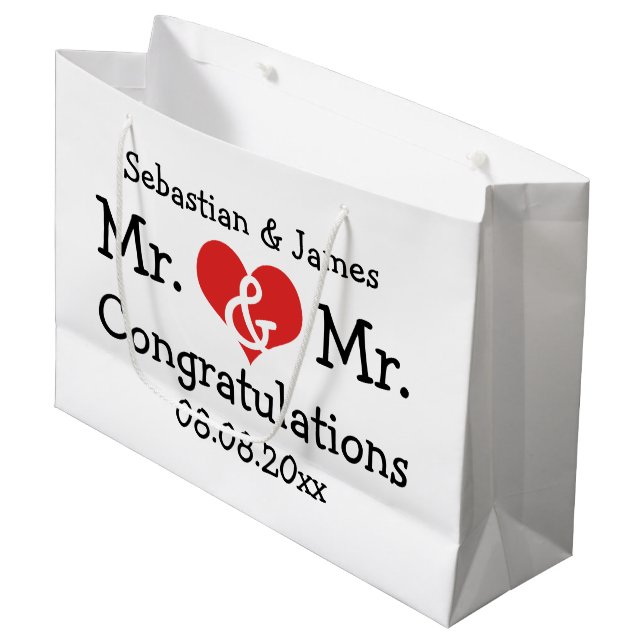 Mr and Mr Red Heart Wedding Personalised Large Gift Bag (Front Angled)