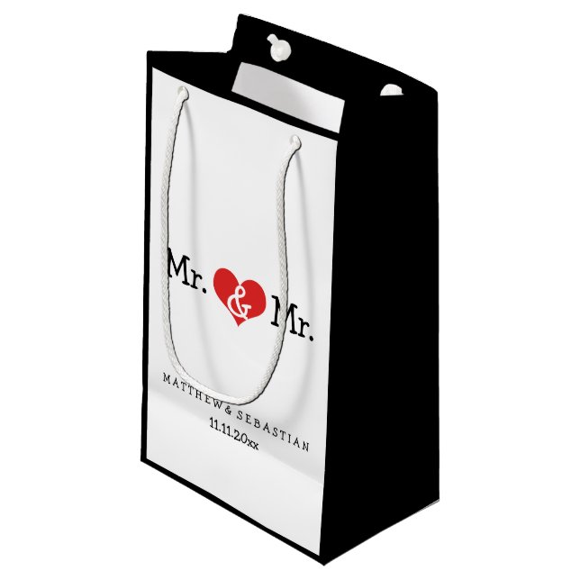 Mr and Mr Red Heart Wedding Personalised Small Gift Bag (Front Angled)