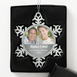 MR and MR Silver Damask 1st Christmas Photo Snowflake Pewter Christmas Ornament