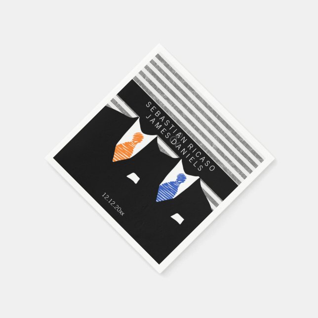 Mr and Mr Suit and Orange Blue Ties Gay Wedding Napkin (Corner)