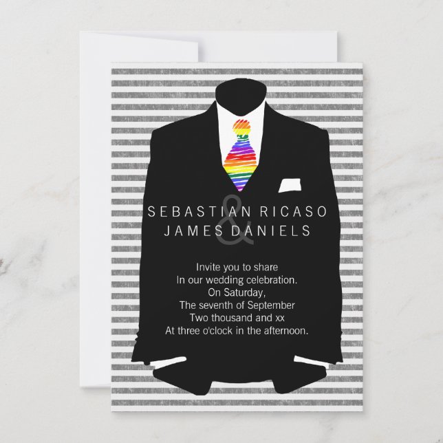 Mr and Mr Suit and Rainbow Tie Gay Wedding Invitation (Front)