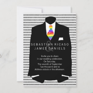 Mr and Mr Suit and Rainbow Tie Gay Wedding Invitation