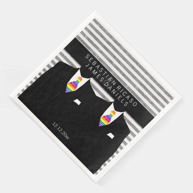 Mr and Mr Suit and Rainbow Tie Gay Wedding Napkin (Corner)