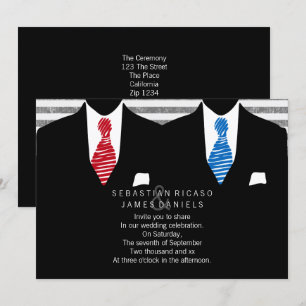 Mr and Mr Suit and Tie Gay Wedding (Blue Red) Invitation