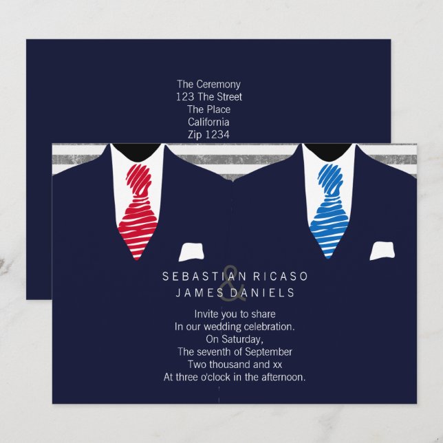 Mr and Mr Suit and Tie Gay Wedding (Blue Red) Invitation (Front/Back)