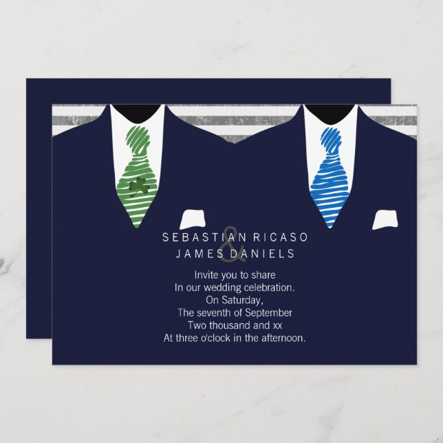 Mr and Mr Suit and Tie Gay Wedding (Navy) Invitation (Front/Back)
