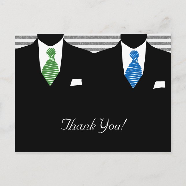 Mr and Mr Suit and Tie Gay Wedding Thank You Postcard (Front)