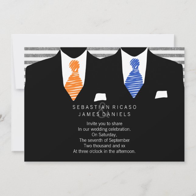 Mr and Mr Suit and Tie (Orange / Blue) Gay Wedding Invitation (Front)