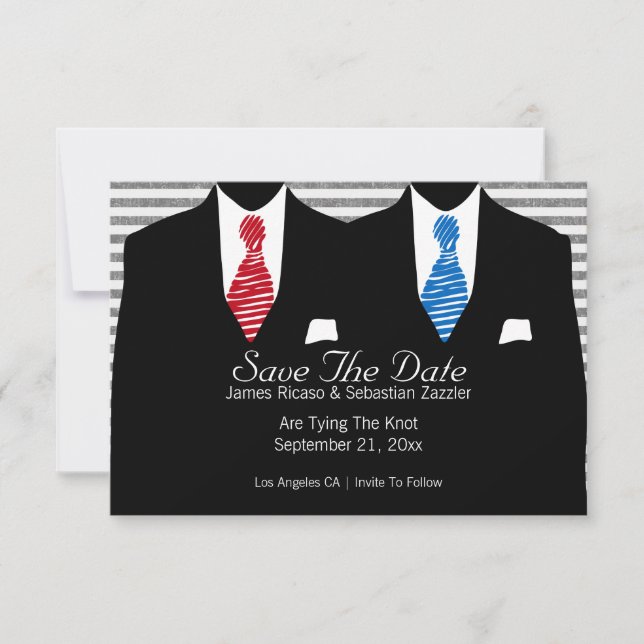 Mr and Mr Suit Blue Red Tie  Save The Date Wedding (Front)