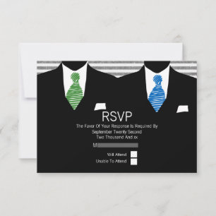 Mr and Mr Suit Green Blue Ties Gay Wedding RSVP V1 Card