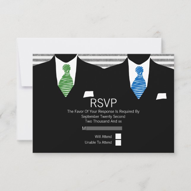 Mr and Mr Suit Green Blue Ties Gay Wedding RSVP V1 Card (Front)