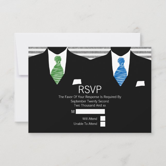 Mr and Mr Suit Green Blue Ties Gay Wedding RSVP V2 (Front)