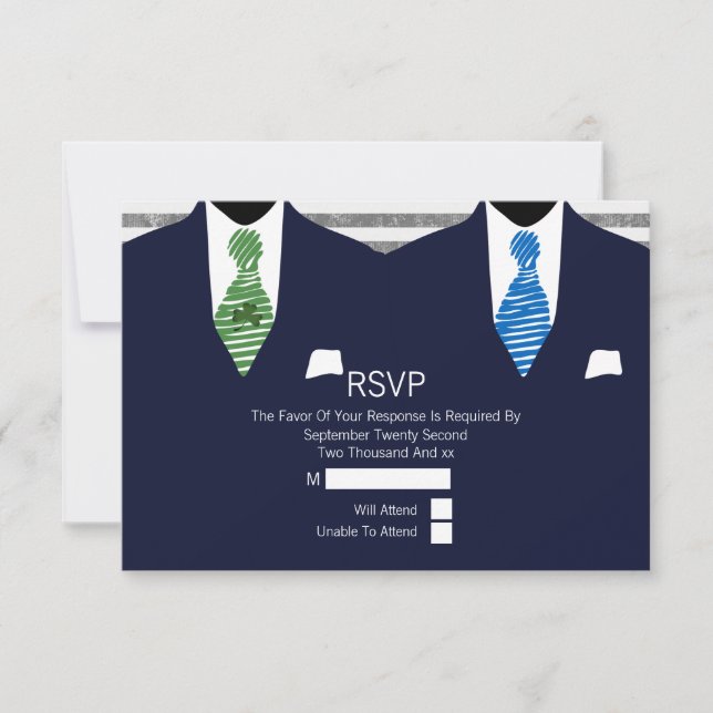 Mr and Mr Suit Green Blue Ties Gay Wedding RSVP V3 (Front)