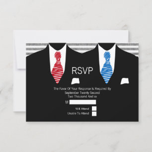 Mr and Mr Suit Red Blue Ties Gay Wedding RSVP
