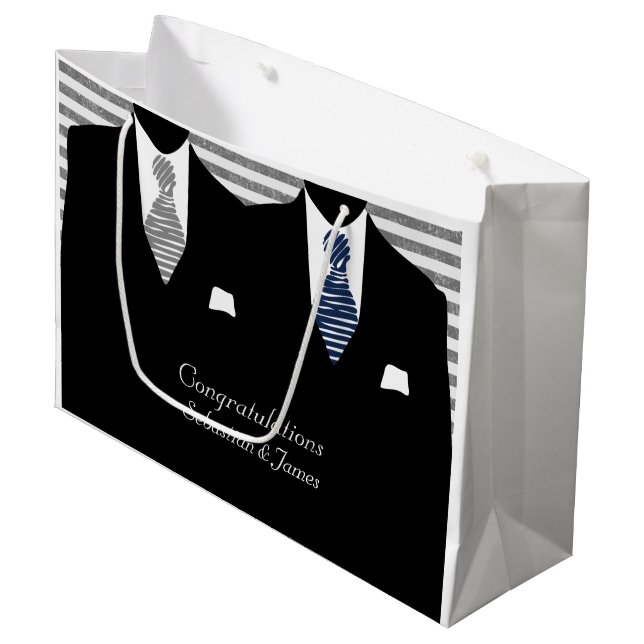 Mr And Mr Suits Blue Grey Wedding Personalised Large Gift Bag (Front Angled)