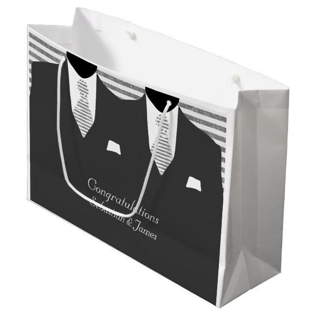 Mr And Mr Suits in Grey Wedding Personalised Large Gift Bag (Front Angled)
