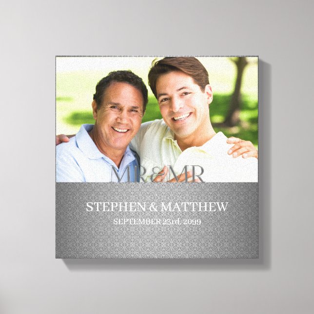 Mr and Mr Two Grooms Silver Damask Photo Canvas Print (Front)