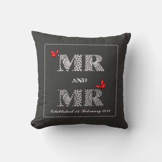 Mr and Mr White Lace  Word Art  Red Butterflies Cushion (Front)