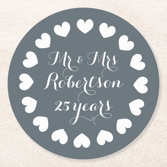 Mr and Mrs 25th wedding anniversary drink coasters (Front)