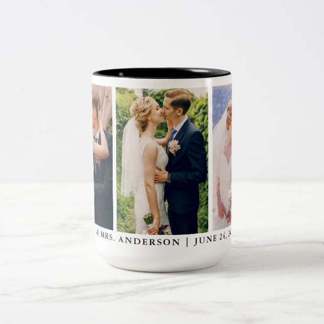 Mr. and Mrs. 3 Photo Bride and Groom Wedding Large Two-Tone Coffee Mug (Center)