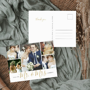 Mr. and Mrs. 5 Photo Collage Wedding Thank You Postcard