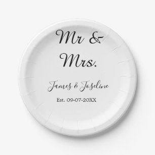 Mr and Mrs add name est. Date year wedding couple Paper Plate