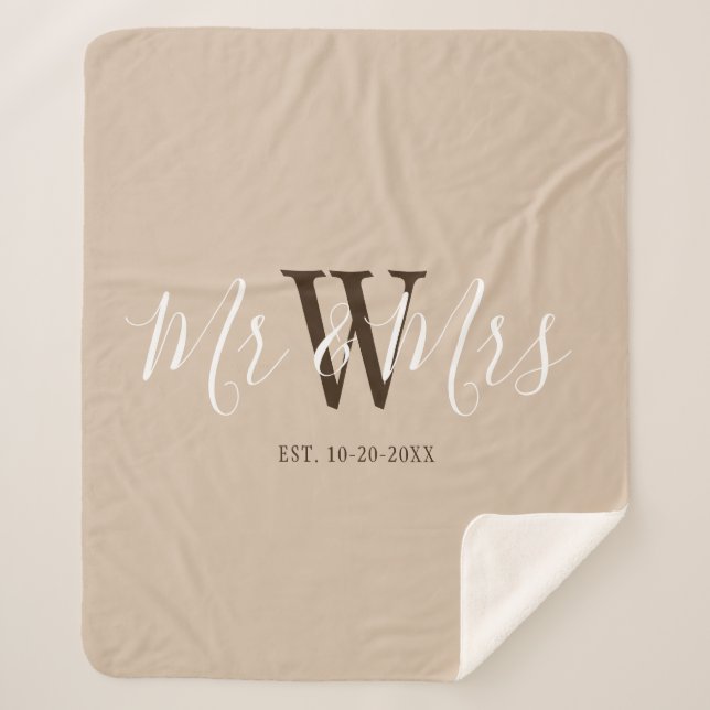 Mr and Mrs Beige Script Family Monogram Name Sherpa Blanket (Front)