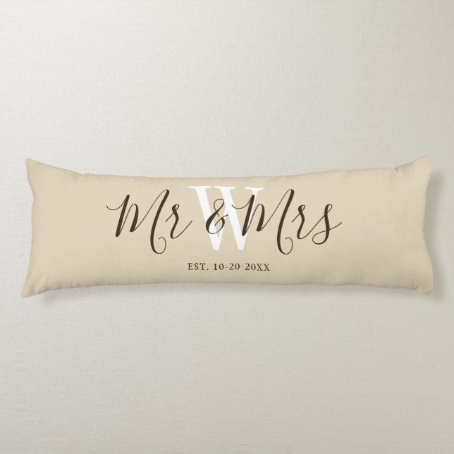 Mr and Mrs Beige Script Newlyweds Monogrammed  Body Cushion (Front)