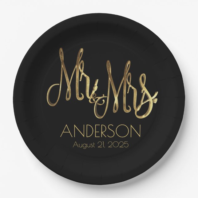 Mr. and Mrs. Black and Gold Elegant Add Name Date Paper Plate (Front)