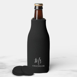 Mr and Mrs Black and White Modern Script Bottle Cooler
