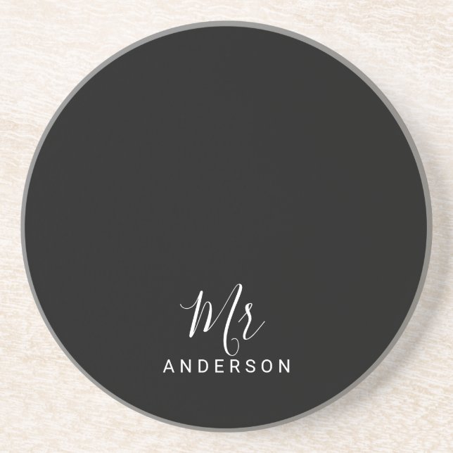 Mr and Mrs | Black and White Modern Script Coaster (Front)
