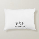 Mr and Mrs | Black and White Modern Script Decorative Cushion<br><div class="desc">"Mr and Mrs" Black and White Modern Script Personalised Couple Gift

Perfect as wedding gifts for newlywed,  wedding anniversary gifts,  Valentine's day gifts and gift for any occasions.</div>