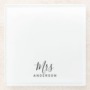Mr and Mrs Black and White Modern Script Glass Coaster
