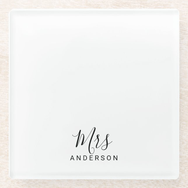 Mr and Mrs | Black and White Modern Script Glass Coaster (Front)