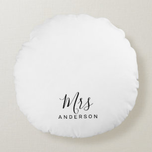 Mr and Mrs Black and White Modern Script Round Cushion