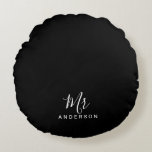 Mr and Mrs | Black and White Modern Script Round Cushion<br><div class="desc">"Mr and Mrs" Black and White Modern Script Personalised Couple Gift

Perfect as wedding gifts for newlywed,  wedding anniversary gifts,  Valentine's day gifts and gift for any occasions.</div>