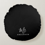 Mr and Mrs | Black and White Modern Script Round Cushion<br><div class="desc">"Mr and Mrs" Black and White Modern Script Personalised Couple Gift

Perfect as wedding gifts for newlywed,  wedding anniversary gifts,  Valentine's day gifts and gift for any occasions.</div>