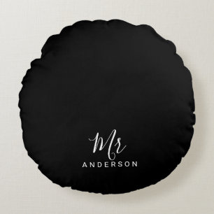 Mr and Mrs   Black and White Modern Script Round Cushion