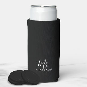 Mr and Mrs Black and White Modern Script Seltzer Seltzer Can Cooler