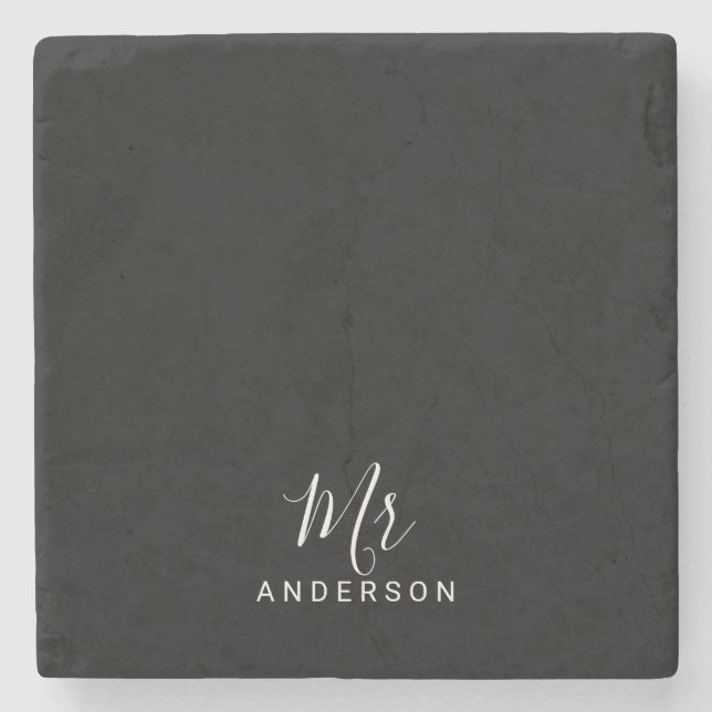Mr and Mrs | Black and White Modern Script Stone Coaster (Front)