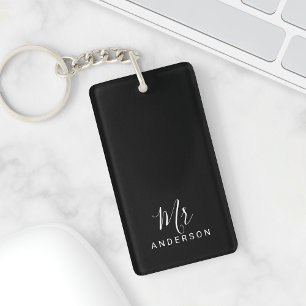 Mr and Mrs   Black and White Modern Script Wedding Key Ring