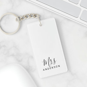 Mr and Mrs Black and White Modern Script Wedding Key Ring