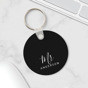 Mr and Mrs   Black and White Modern Script Wedding Key Ring