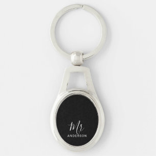 Mr and Mrs   Black and White Modern Script Wedding Key Ring