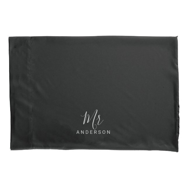 Mr and Mrs | Black and White Modern Script Wedding Pillowcase (Front)