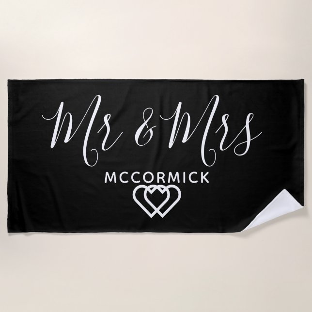 Mr And Mrs Black and White Monogram Personalised Beach Towel (Front)