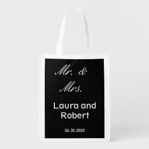 Mr. and Mrs. Black and White Names Wedding Reusable Grocery Bag